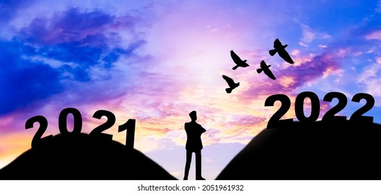 Silhouette back view of businessman looking forward to future in next year 2022 with pigeons cloud sky and sunlight background.freedom from financial, Challenge, Plane, Startup, success.Target, hope.