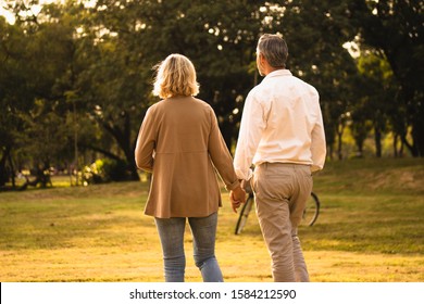 Silhouette Back View Of Caucasian Mature Couple Holding Hand Spend Time Together Walking Relaxing At Park In The Afternoon Autumn, Concept Romantic Couple, Old People Marriage Life, Happy Retirement