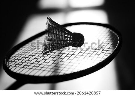 Silhouette of badminton racket and shuttlecock against the background of the shadow from the window. Active and mobile game. Abstract monochrome background.