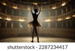 Silhouette of Ballerina in Pointe Shoes and White Tutu Dancing Gracefully on Classic Theatre Stage with Beautiful Ceiling. Female Classical Ballet Dancer Rehearsing her Choreography for the Show