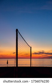 Silhouette Beach Volleyball Net At Sunset Twilight Beach