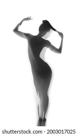 Silhouette Of Beautiful Sexy Woman Behind Curtain On White Background