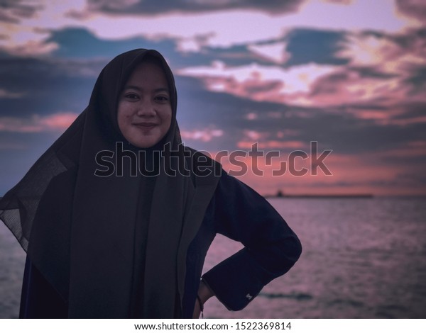 Silhouette Beautiful Woman Sunset On Beach Stock Photo Edit Now 1522369814