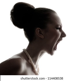 Silhouette of  beautiful young woman shouting isolated on white background