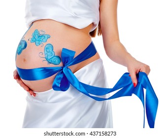 The silhouette belly pregnant young woman  and beautiful blue ribbon   butterfly patterns   Isolated white background 