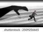 Silhouette of big hand catching running away small businessman on light background. Authority, abuse concepts