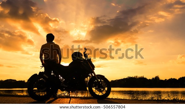 Silhouette Biker His Motorbike Beside Natural Stock Photo (Edit Now ...