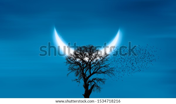 Silhouette of birds with lone tree in the\
background big crescent moon at amazing sunset \