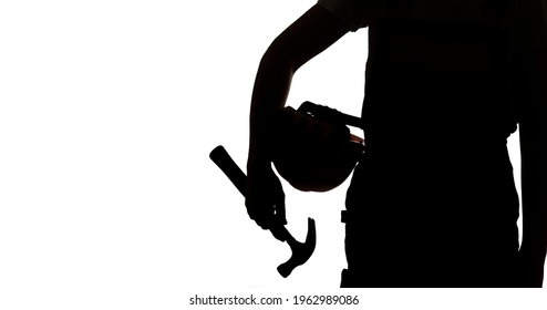 Silhouette Body Part Of Builder Worker With Hammer And Hard Hat Under Arm On White Isolated Background, Construction Tools And Equipment