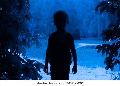 Silhouette Of A Boy In The Aisle Between The Trees In Blue Night Light. The Concept Of Adventure, Mysticism And Sleepwalking.