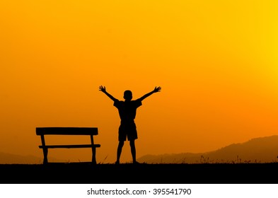 Silhouette Boy Standing Arms Outstretched Using Stock Photo (Edit Now ...