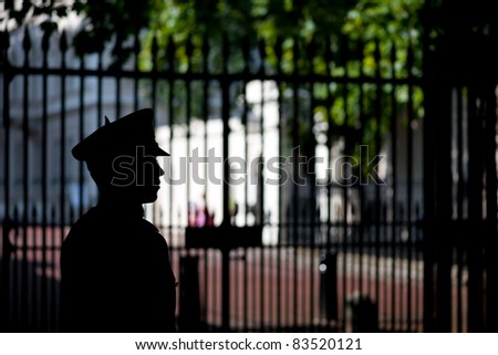 Silhouette of a British Royal Guard, watching a palace's entry, London.