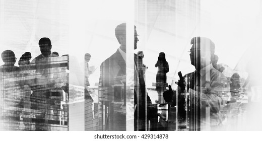 Silhouette Business People Discussion Meeting Cityscape Team Concept