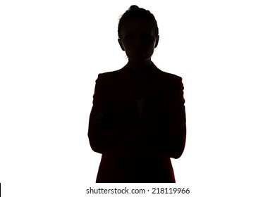 Silhouette of business woman with arms crossed on white background