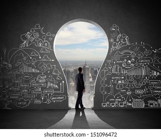 Silhouette of businessman against black wall. Idea concept - Powered by Shutterstock