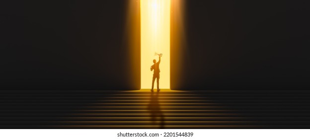 Silhouette of businessman celebrating raising arms on the top stairs with over sunlight.concept of leadership successful achievement with goal,winner,success,growth,achieve,up,win and objective target - Shutterstock ID 2201544839