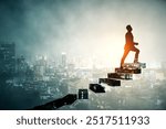 Silhouette of a businessman climbing steps with an urban skyline backdrop at night, symbolizing progress, ambition, and career growth