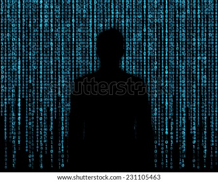 Silhouette of businessman who is appeared through the matrix background 