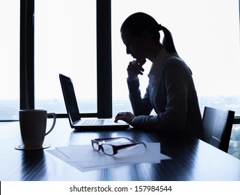 Silhouette of businesswoman using computer