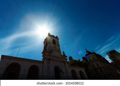 Silhouette of the Cabildo of Buenos Aires (Argentina) seen from below with solar backlight