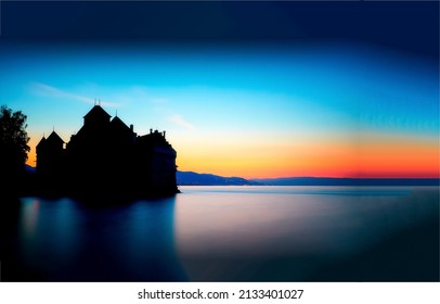 Silhouette of castle on lake at dawn. Castle silhouette at lake dawn. Lake castle at dawn. Sunrise over lake castle