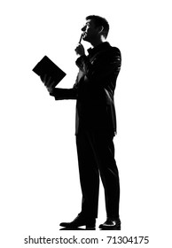 Silhouette Caucasian Business Man With Note Pad Thinking Expressing Behavior Full Length On Studio Isolated White Background