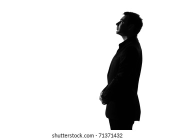 Silhouette Caucasian Business Man   Profile Serious Looking Up Expressing Behavior Full Length On Studio Isolated White Background