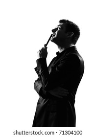 Silhouette Caucasian Business Man Thinking Pensive Behavior Full Length On Studio Isolated White Background