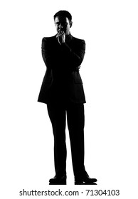 Silhouette Caucasian Business Man   Thinking Pensive Expressing Behavior Full Length On Studio Isolated White Background