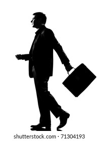 Silhouette Caucasian Business Man   Walking Profile With Briefcase  Full Length On Studio Isolated White Background