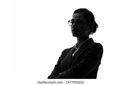Silhouette of caucasian woman wearing suits.