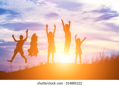 Silhouette Of Children Jump Gladness Happy Time