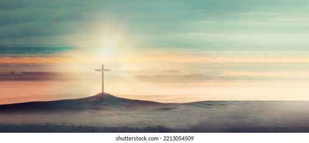 Silhouette of christian cross, lights, bokeh on black background. Copy space. Faith symbol. Church worship, salvation concept. Faith symbol in Jesus Christ. Holy cross for Easter day. Christianity - Shutterstock ID 2213054509
