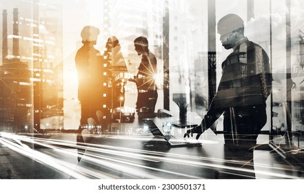 Silhouette, city and double exposure with business people in office for corporate, staff and teamwork. Innovation, future and global with employee in company for workforce, development and abstract