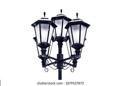 Silhouette Of A Classic Black Street Lamp In Retro Style On A White Background In Winter.