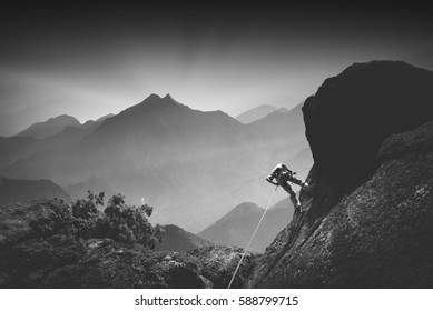 Silhouette Climber On Cliff Against Beautiful Stock Photo 588799715 ...