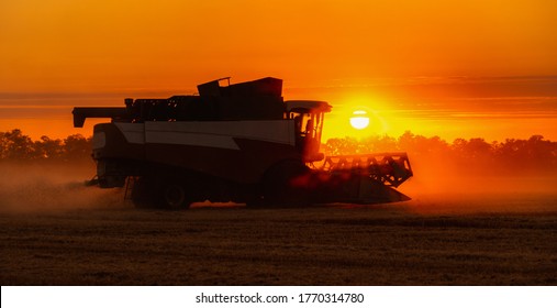 Silhouette Of Combine Harvester On The Field At Sunset.