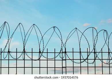 Silhouette of concertina barbed wire on an old prison fence