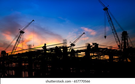 Silhouette Of The Construction Site On Sunset Background