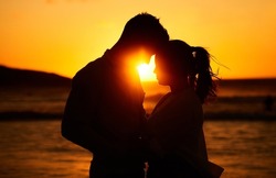Silhouette Couple, Beach Sunset And Love Outdoors On Summer Vacation, Honeymoon Travel And Tropical Holiday In Maldives. Shadow Man, Woman And Ocean At Dusk In Nature, Relax And Calm Valentines Day