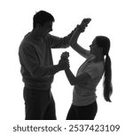 Silhouette of couple fighting on white background. Domestic violence concept