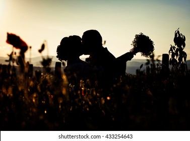 Silhouette Couple Kissing Over Sunset Background