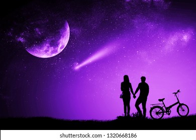 Silhouette Couple Man And Woman Holding Hand Moon Night Watching A Meteor With A Purple Proton Mixed Media Bike