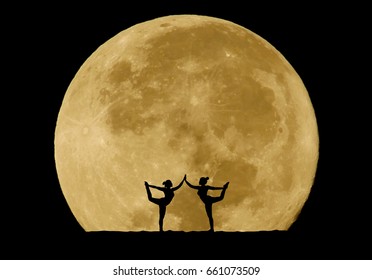 Silhouette of couple model doing yoga exercise on full moon background.