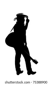 The silhouette of a cowboy which is a country singer and guitar player, isolated on white. He is holding his hand on his hat and the guitar is with the strap on his shoulder.
