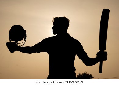 Silhouette of a cricketer celebrating after getting a century in the cricket match. Indian cricket players and sports concept.