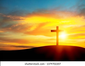 Silhouette cross on Calvary mountain sunset background. Easter concept
    
    - Image - Shutterstock ID 1379702207