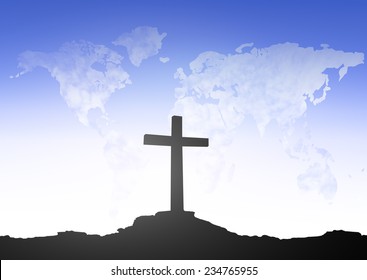 Silhouette the cross over world map of cloud background.