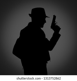 Silhouette of detective with gun on dark background