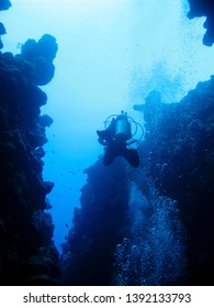 Silhouette of a diver swimming out of the canyon